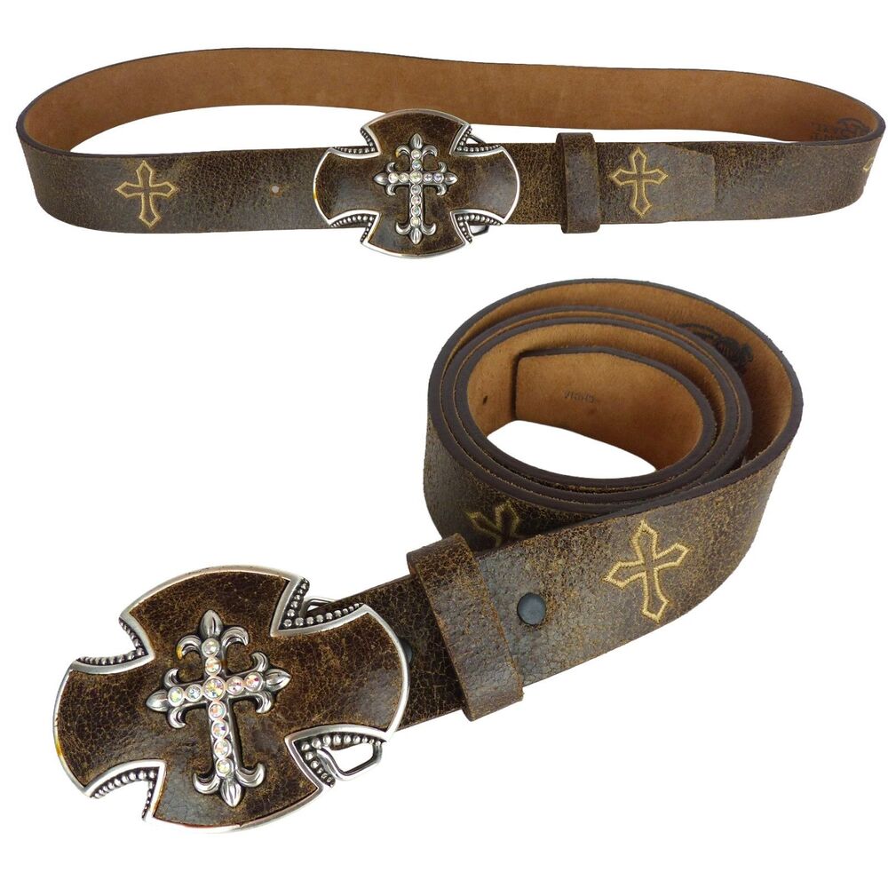 Justin Bent Rail Belt 38 Brown Leather Distress Cross Jeweled Buckle Western Y2K
